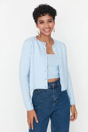 Blue Crop Soft Textured Blouse-Cardigan Knitwear Suit