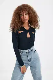 Navy Blue Cut Out and Gathered Detail Fitted/Fitted Elastic Snaps Knitted Bodysuit