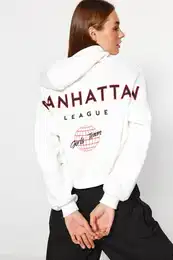 Ecru Back Print Detail Hooded Raising Knitted Sweatshirt