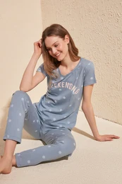 Blue 100% Cotton Polka Dot T-shirt-Pants Knitted Pajama Set