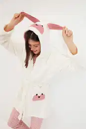 Ecru Belted Animal Figured Hooded Wellsoft Knitted Dressing Gown