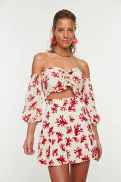Underwater Patterned Woven Balloon Sleeve Blouse Skirt Beach Set