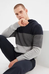 Navy Blue Hooded Regular Fit Wool Knitted Sweater