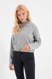 Gray Stand Up Collar Knitwear Sweater