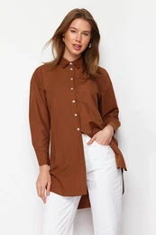 Dark Brown Pocket and Slit Detail Woven Shirt
