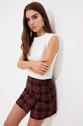Red Double Breasted Checked Mini Woven Skirt