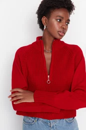 Red Crop Zippered Stand Collar Basic Knitwear Sweater