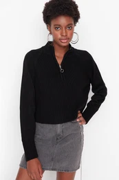 Black Crop Zippered Stand Collar Basic Knitwear Sweater