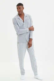 Gray Regular Fit Top Piping Detailed Knitted Pajama Set