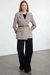 Multi Color Regular Lined Belted Plaid Woven Jacket