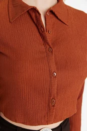 Tile Buttoned Fitted/Situated Polo Neck Crepe/Textured Crop Knitted Blouse
