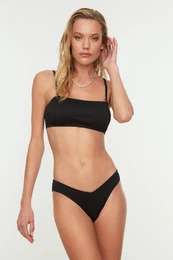 Black Textured V-Cut Bikini Bottoms