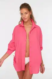 Fuchsia Gathered Woven Beach Shirt