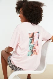 Pink 100% Cotton Back Printed Boyfriend Fit Crew Neck Knitted T-Shirt