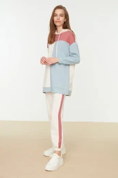 Ecru Oversize Knitted Color Block Tracksuit Set