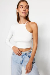 Ecru Ribbed Fitted Crew Neck Single Sleeve Stretchy Knitted Blouse