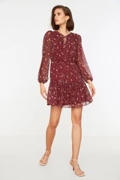 Burgundy Woven Lined Chiffon Floral Pattern Foulard Collar Mini Woven Dress