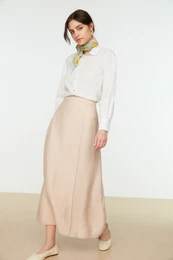 Beige Tie Detailed Woven Skirt