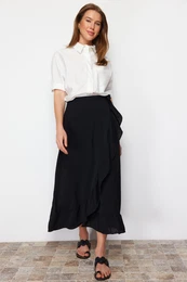 Black Woven Wrapped Ruffle Skirt