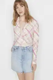Multi-colored Plaid/Check Crepe Knitted Blouse with Double Breasted Collar