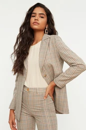 Beige Woven Lined Plaid Blazer Jacket