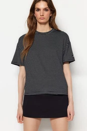 Black and White Striped Relaxed/Wide Comfortable Cut, Crew Neck Knitted T-Shirt