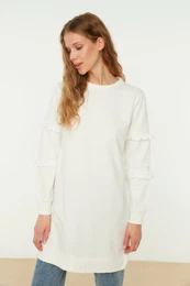 Ecru Crew Neck Sleeves Ruffled Knitted Tunic