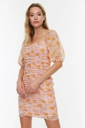 Lilac Drape Detailed Floral Print Dress