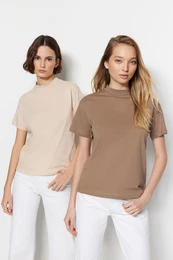 Beige-Mink 2-Pack 100% Cotton Basic Stand Up Collar Knitted T-Shirt