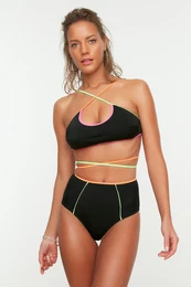Black High Waist Bikini Bottoms With Colorful Piping Detailed