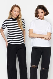 White-Black and White Striped 2-Pack Basic Stand Up Collar Knitted T-Shirt