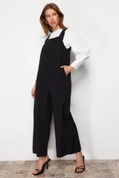 Black Thick Straps, Button Detailed, Wide Leg, Woven Overalls