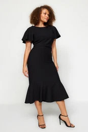 Curve Black Woven Dress with Ruffles on the sleeves