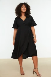 Curve Black Plain Wrapped Midi Plus Size Weaving Dress