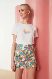 Multi Color Floral Pattern Mini Length Woven Skirt