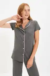 Anthracite Pile Detail Shirt-Pants and Knitted Pajamas Set