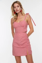 Red Hi-Neck Top Set With Lace-Up Detail, Woven