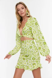 Green Floral Print Beach Top-Top Set