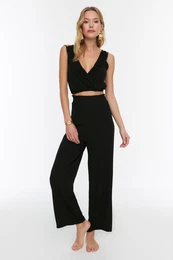 Black Woven Ruffle Blouse Trousers Beach Set