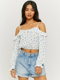 Blue and white floral short blouse with ruffles - Ladies