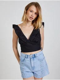 Black women's cropped top with ruffles - Women's