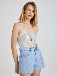 Beige Ladies Striped Cropped Top - Women