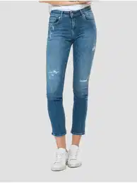 Blue women's cropped slim fit jeans with ripped effect - Women