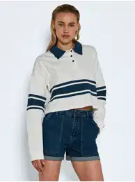 Blue and White Cropped T-Shirt with Collar Abi - Women