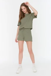Khaki Waffle Fabric Knitted Pajama Set with Shorts