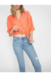 Women's Red Short Sleeve V-neck Tie Waist Shirt