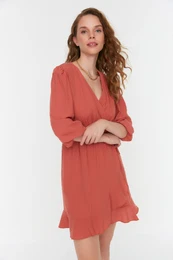 Cinnamon Fabric Textured Woven Double Breasted Woven Dress