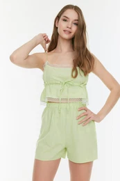 Mint Lace Detailed Flamed Cotton Woven Pajamas Set