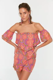 Ethnic Pattern Carmen Collar Beach Blouse-Beach Shorts Set