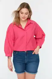 Curve Fuchsia Woven Sleeve Detailed Poplin Shirt